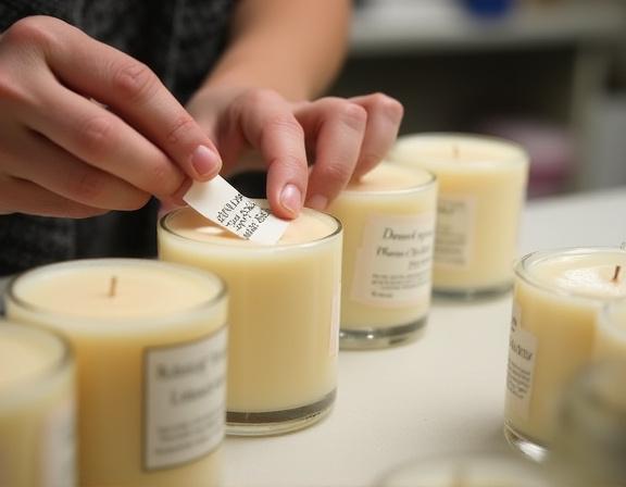 Hands carefully applying a label to a finished candle.