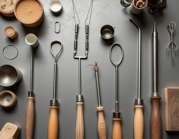 Various candle making tools neatly arranged on a workbench in the studio.