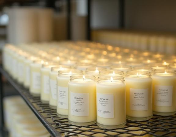 A shelf filled with rows of freshly made, labelled candles cooling.