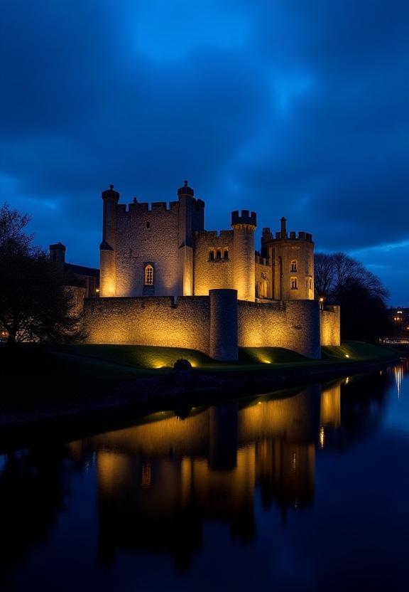 Kilkenny Castle illuminated at dusk, inspiring local crafting.